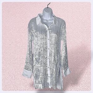 NWT Free People White Collared Top Satin Crinkle Button Up Blouse Stretch M (L)